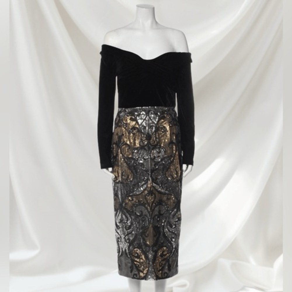 Marchesa Norte Off The Shoulder‎ Long Sleeve Sequin Bottom Dress